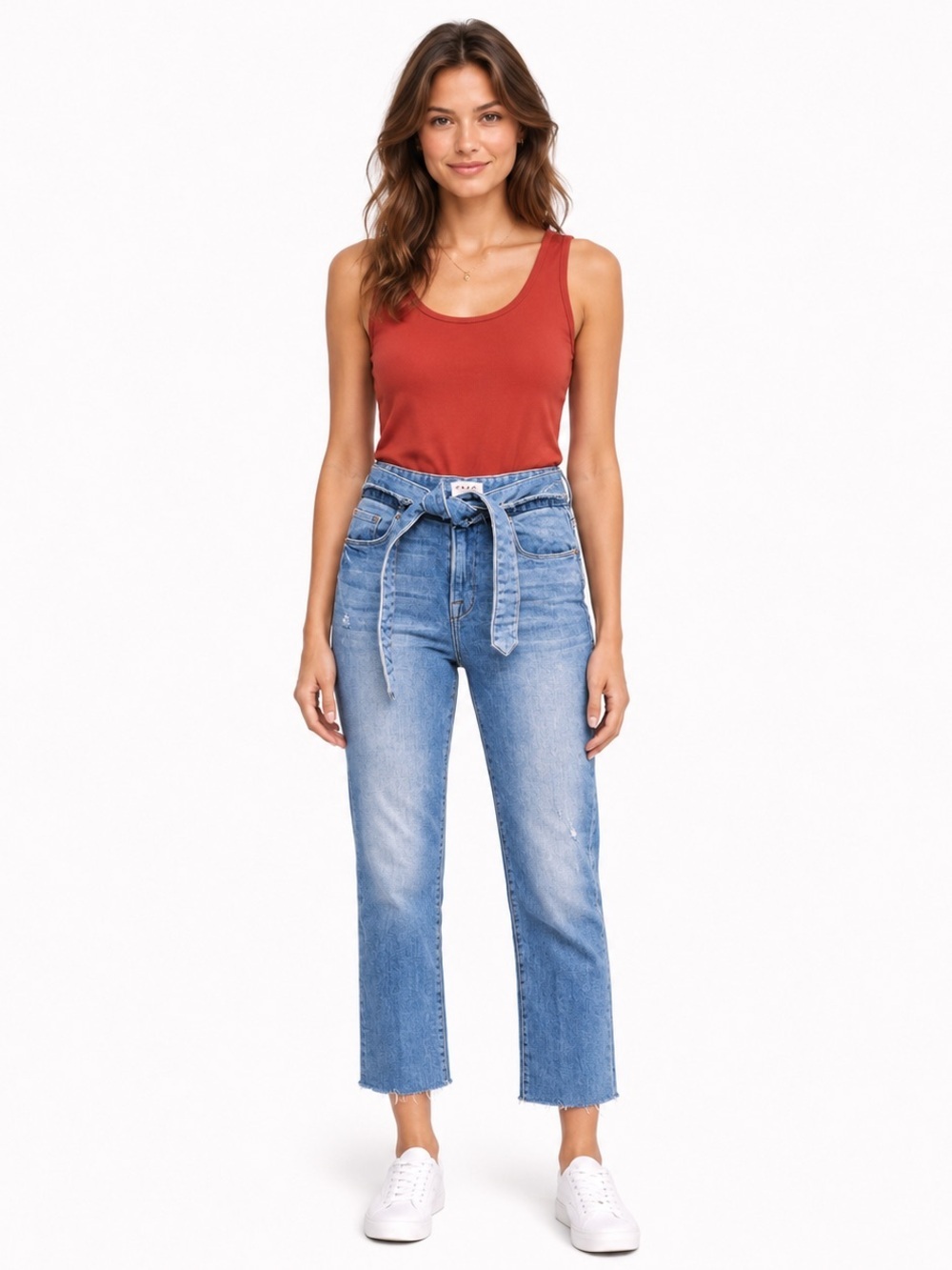 FRAME Le High Straight Tie Waist Jeans Frayed Hem Faded Blue Wash, Size 25